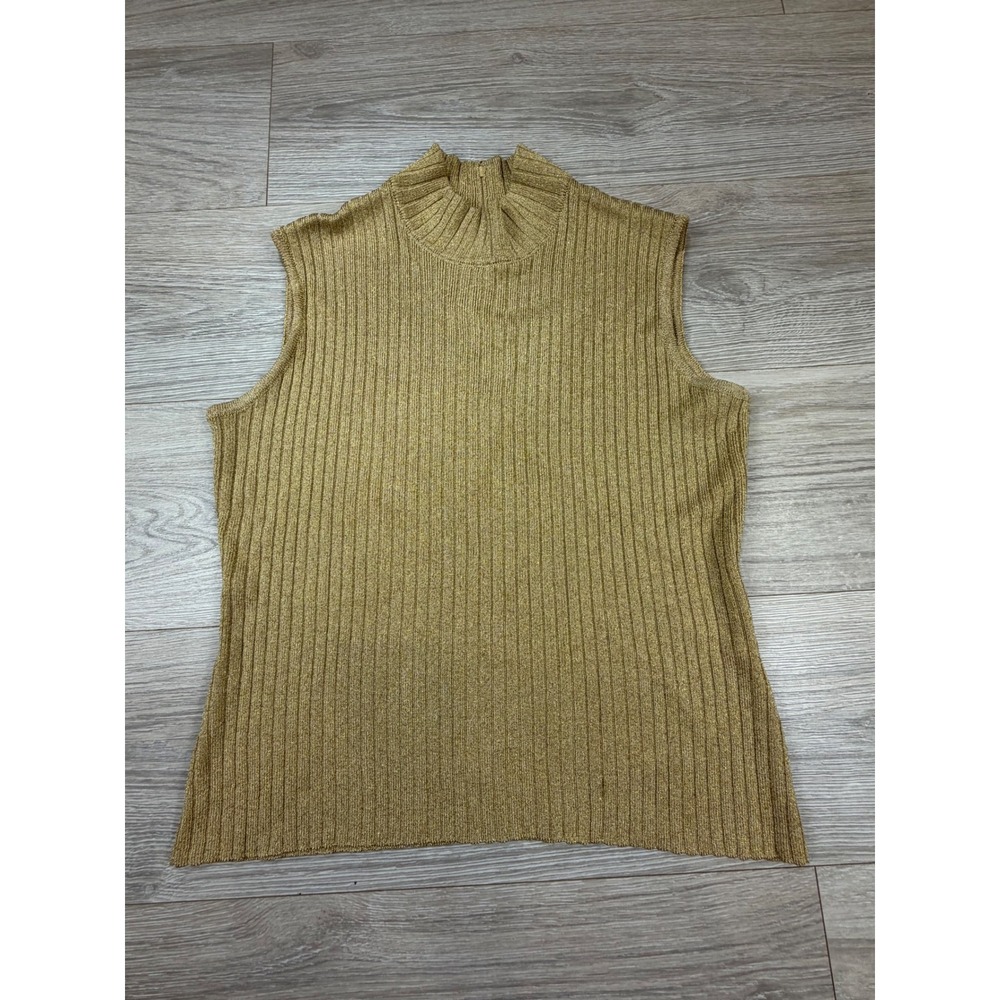 St John Collection Marie Gray Gold Metallic Ribbed Mock Neck Sleeveless Top S